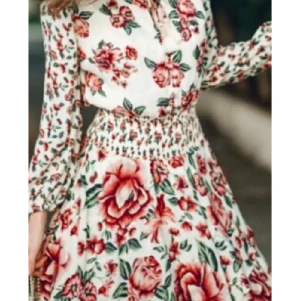 Farm Rio  Anthropologie Dress XS Petite Anabela Smocked Floral Print Long Sleeve